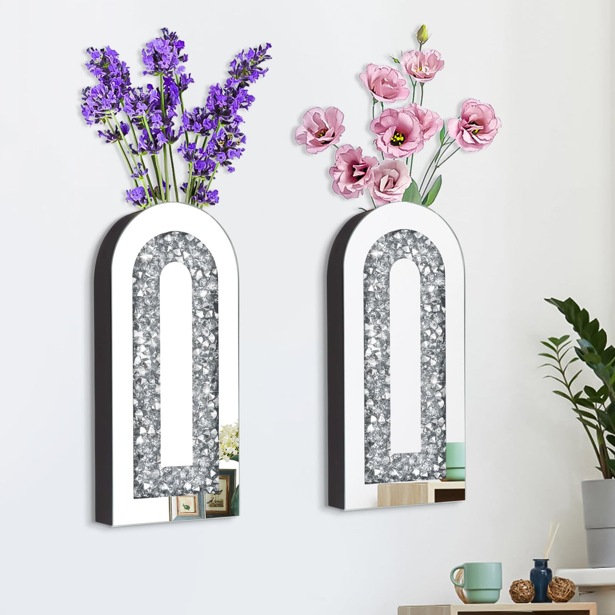 Azonsdop Silver wall Decor Mirrored Vase Set of 3,Crystal Crush Diamond Flower Vase,Stunning Decorative Glass Hanging Planter & Container for Home Wall Decor.Befit for Faux Plants.Can't Hold Water.