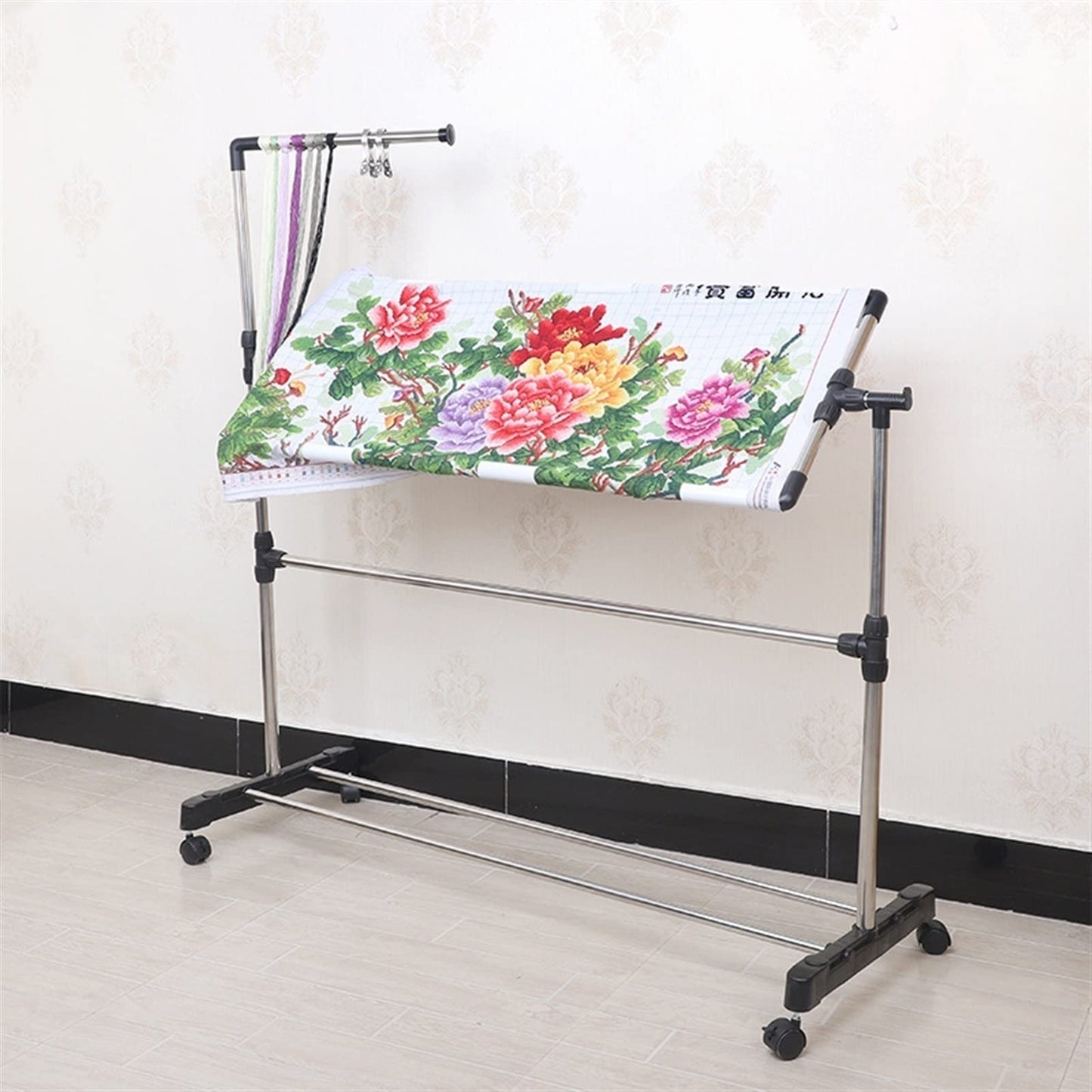 Stainless Steel Adjustable Height Embroidery Stand Cross Stitch Frame,360 Degrees Rotatable Wooden Floor Tabletop Tapestry Frame Craft Stand,Standing Lap Table for A