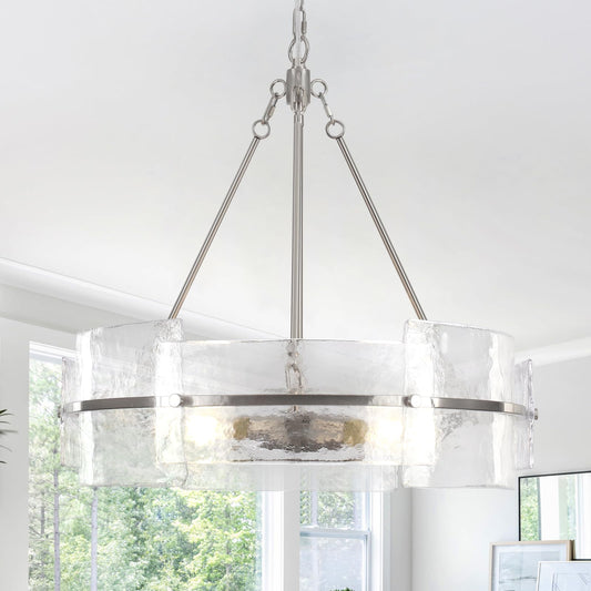 Corlaceling Modern Glass Dining Room Chandelier, 22 inch Brushed Nickel Drum Kitchen Island Light Fixture Luxury Textured Glass Water Ripple Crystal Chandeliers for Living Room Foyer Bedroom