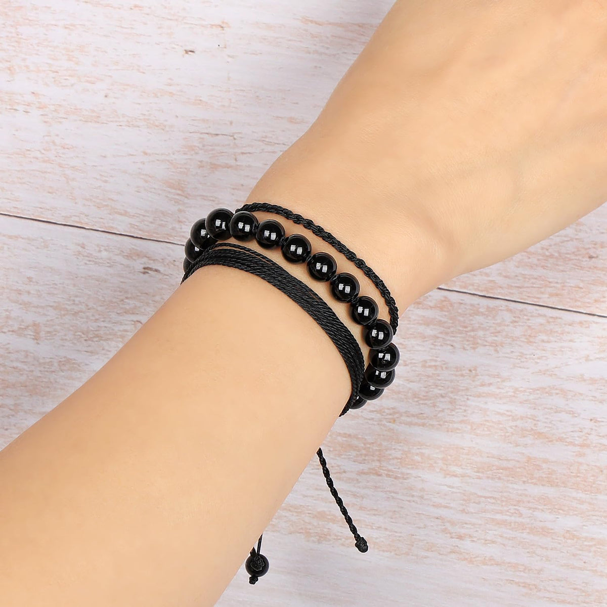 QOGIR Handmade Healing Stones Bracelet,8mm Natural Black Tourmaline Gemstone Beads Bracelet,for Men Women Gifts with 2PCS Size Adjustable Rope Bracelets