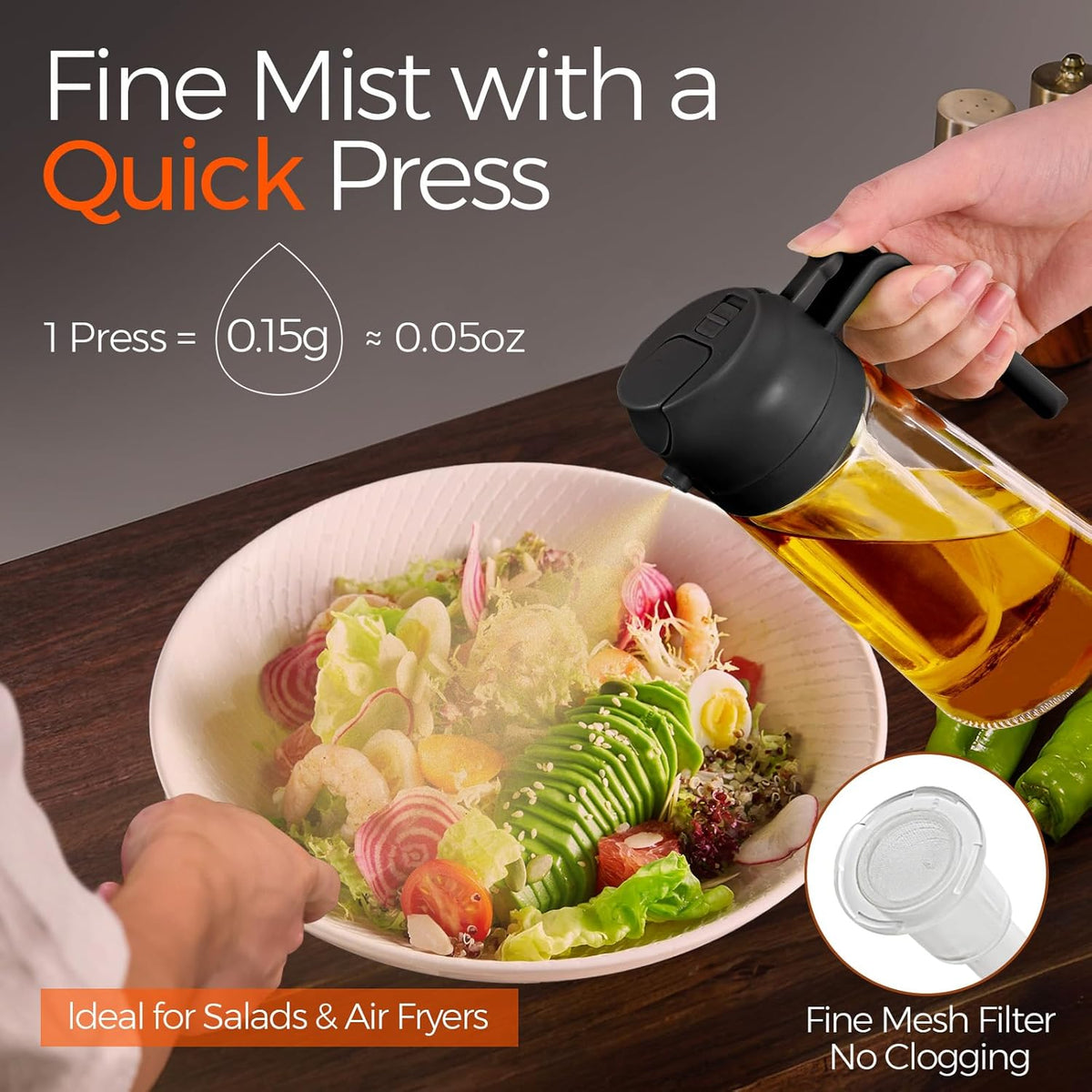 YARRAMATE Olive Oil Dispenser - 2Pcs 16oz Food-Grade Glass Sprayer for Cooking & BBQ | Black
