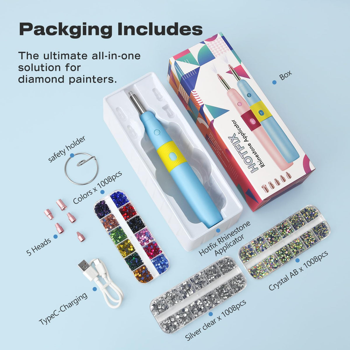 DIY Hotfix Applicator, 5 in 1 Hot Fixed Wand Bedazzler Kit, Rhinestones Setter Wand Tool with 5 Different Tip Sizes, DIY Bedazzler Kit with Rhinestones with Support Stand (Pink)