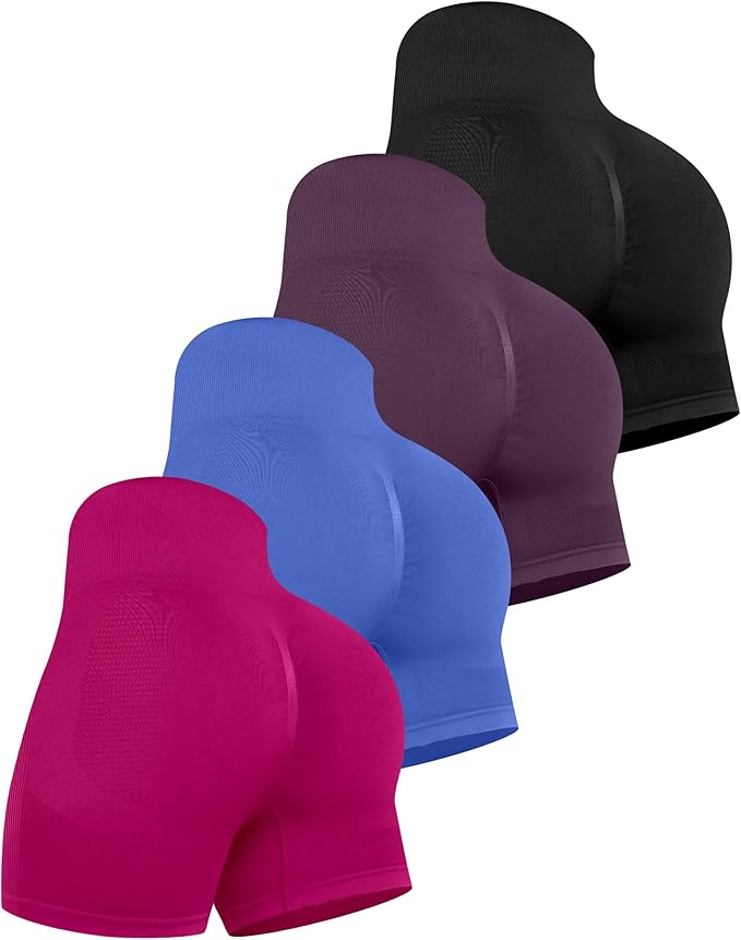 CHRLEISURE Women's 4 Packs Workout Gym Shorts, High Waisted Butt Lifting Scrunch Butt Seamless Booty Shorts