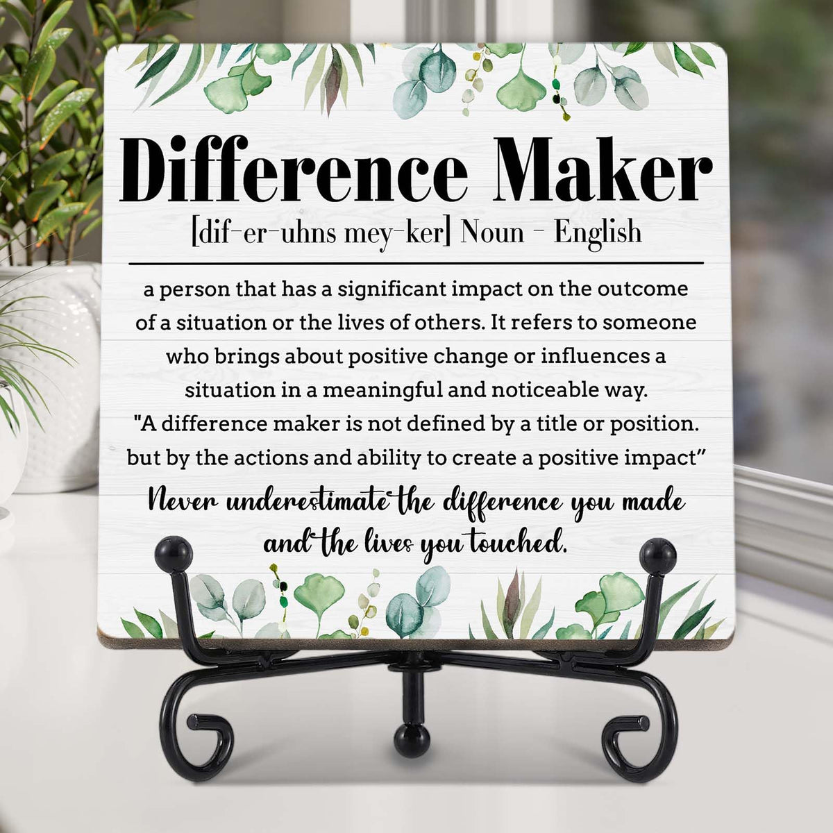 OXRUN Difference Maker Gift，Greenery Thank You Gifts for Teacher Boss Coaches Leader Coworkers Therapist Supervisor, Teacher Desk Plaque Office Decor - E03
