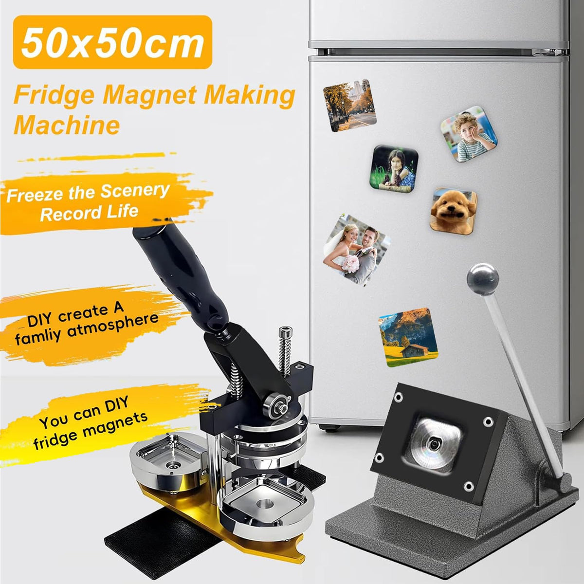 2X2in Square Fridge Magnet Maker Machine Kit, 50x50 mm DIY Photo Badge Refrigerator Sticker Press Machine with Paper Cutter, 200pcs Consumables, 100 Paper Photo