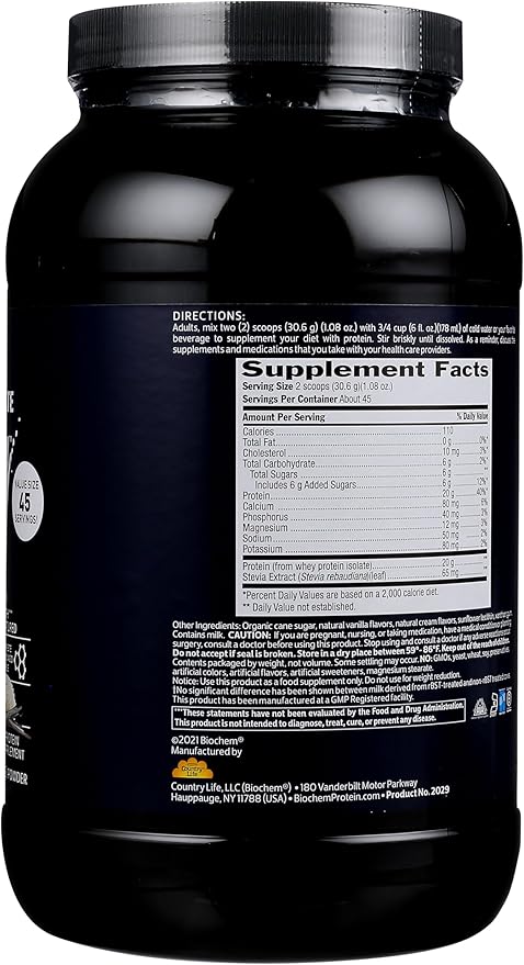 Biochem 100% Whey Isolate Protein Powder, Vanilla Flavor, 20g Grass-Fed Protein, Keto Friendly, Gluten Free, Easily Digestible, Vegetarian, 48.5 oz, 45 Servings