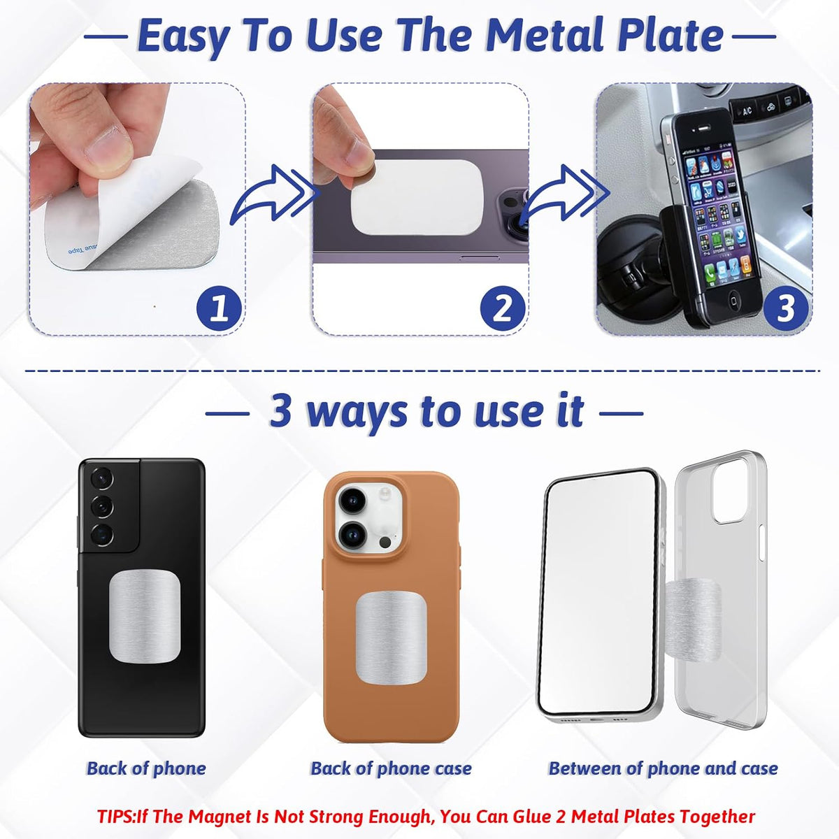 Bewudy 30 Set (5 3.8CM) Self-Adhesive Metal Plates, Replacement for Phone Case, Car, Square Plates, Adhesive Base