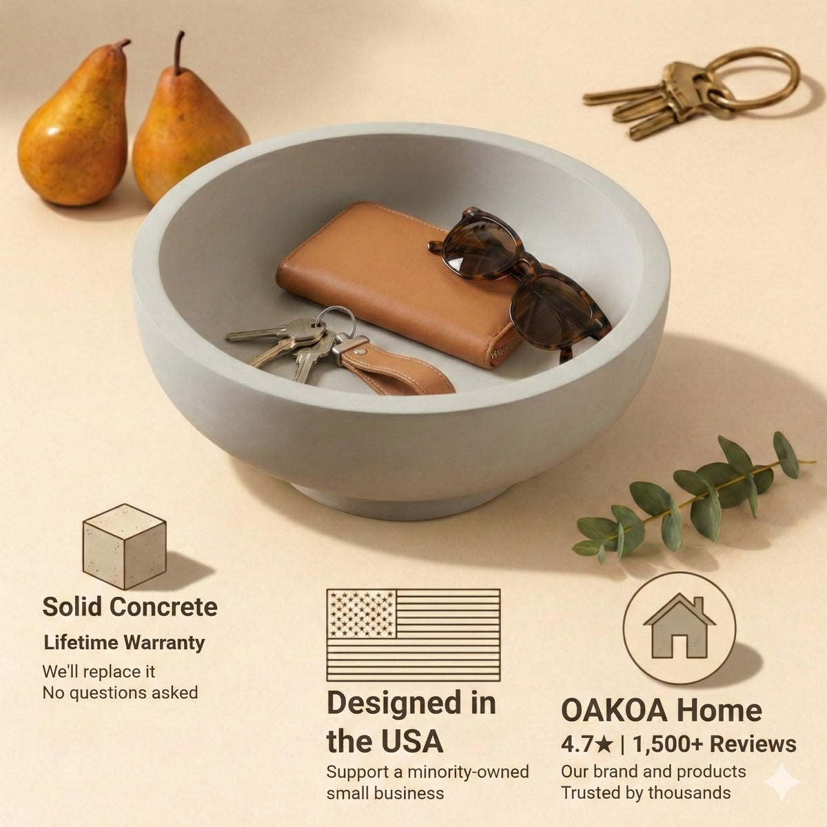 OAKOA Concrete Fruit Bowl for Kitchen Counter - Large Decorative Bowls for Home Decor - Modern Key Bowl for Entryway Table - Pedestal Bowl for Keys