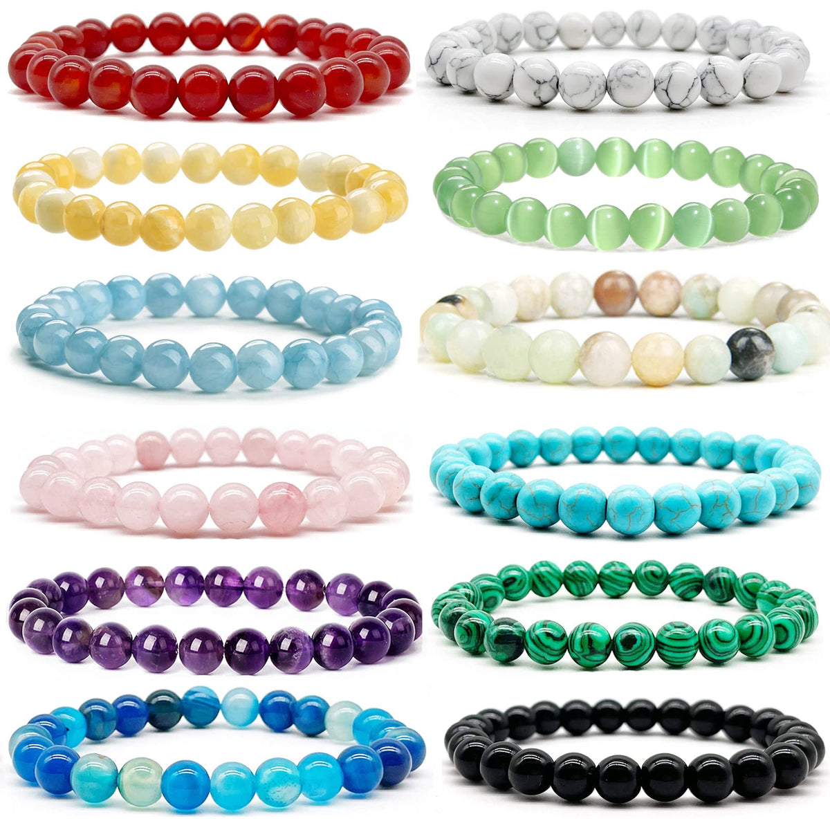 SROBENZ 12 PCS Gemstone 8mm Round Beaded Bracelet Set Healing Crystal Stone Stretch Bracelets for Women Men Round Beads Elastic Bracelets