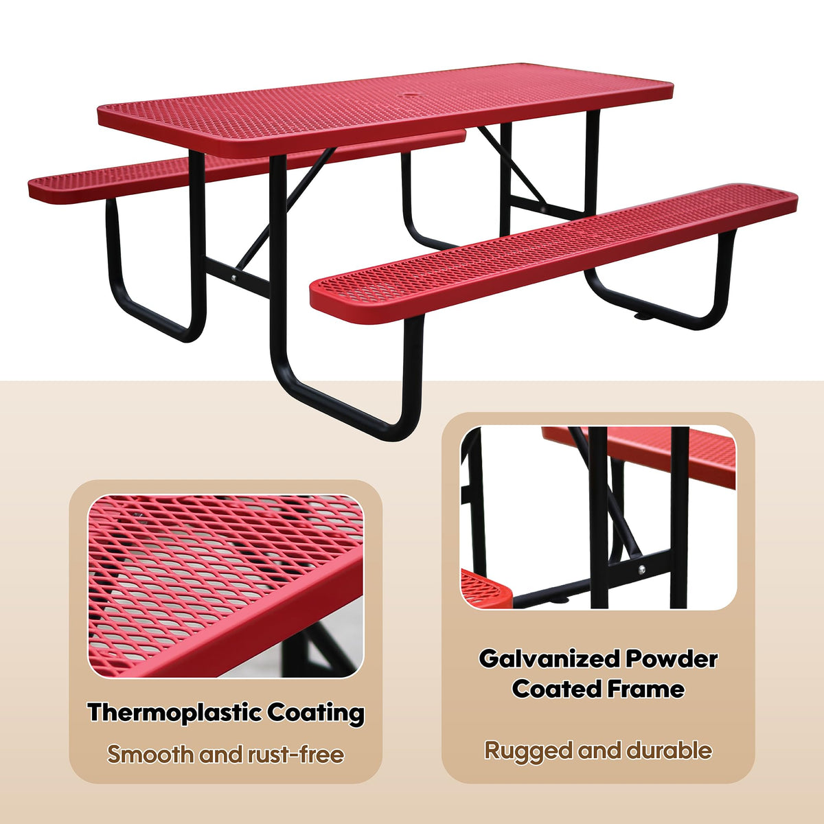 6FT Metal Picnic Tables for Outdoors, Commercial Rectangular Picnic Table and Bench Set for Outside, Patio, Garden, Backyard, Porch, Surface Mount, Red