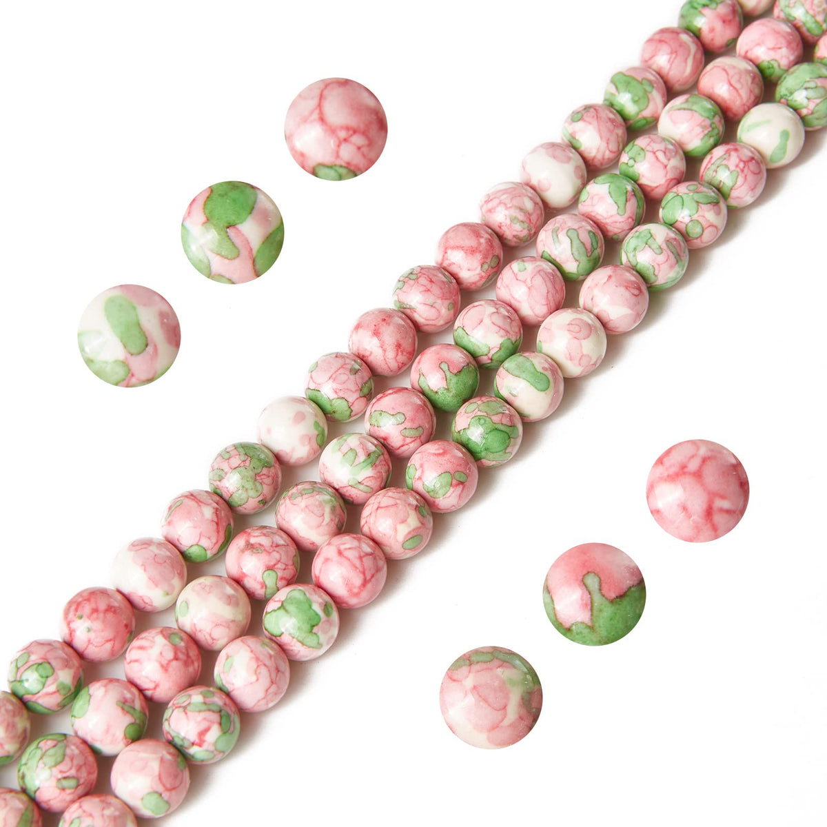 60pcs 6mm Green Red Rain Flower Beads Natural Gemstone Beads Round Loose Beads for Jewelry Making