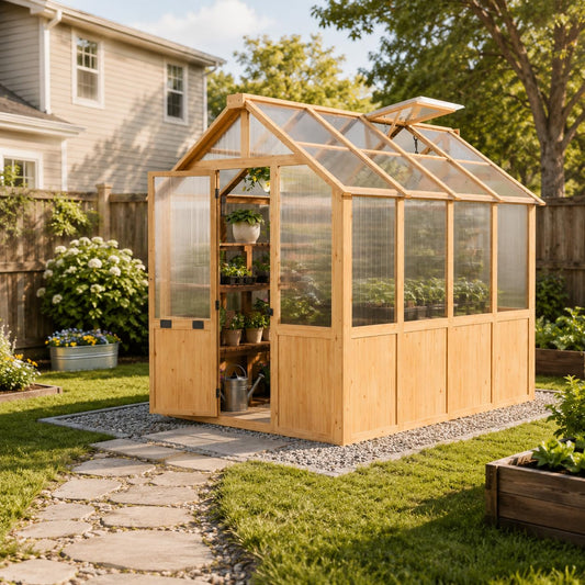 EROMMY 6x8 FT Wooden Greenhouse for Outdoors, Walk-in Greenhouse Kit with 4mm Polycarbonate Panels, Adjustable Roof Vent, Lockable Door, Outdoor Greenhouse for Backyard Garden