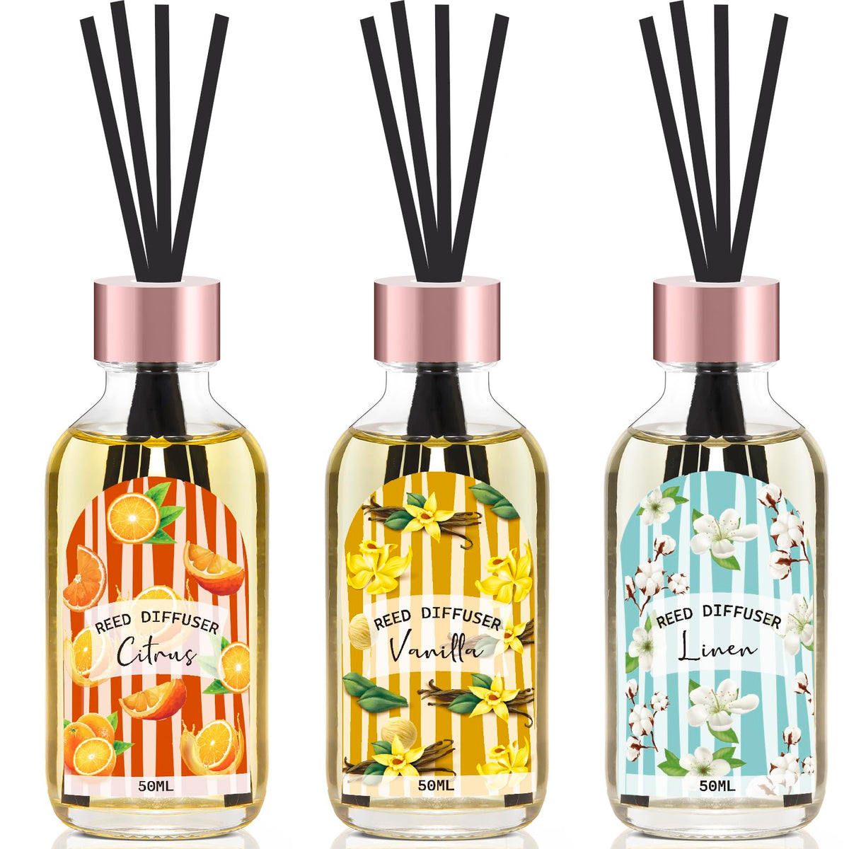 Reed Diffuser Set of 3 Pack, Linen Vanilla Citrus Scented Oil Diffuser with 15 Sticks, Reed Diffusers for Home, Bathroom Air Freshener, 1.7 Fl.oz Each, Total 5.1 Oz