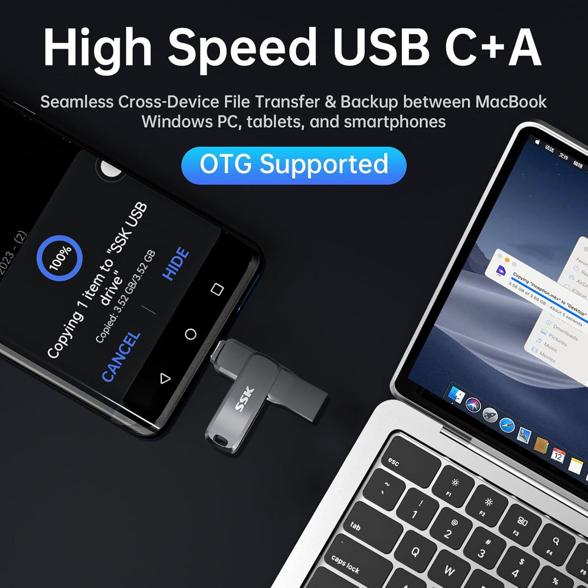 SSK 3.2 64GB,Up 200 USB Flash Drive to MB/S Read Speed USB C Memory Stick,Dual USB C Thumb Drive with USB Type-C