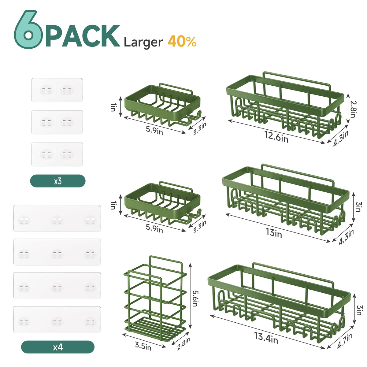 Veken Rustproof & Waterproof Shower Caddy 6-Pack, No Drilling Adhesive Shelves Rack with Soap Holder, Large Capacity Bathroom Organizers and Storage, Wall-Mounted Kitchen & Home Decor, Green