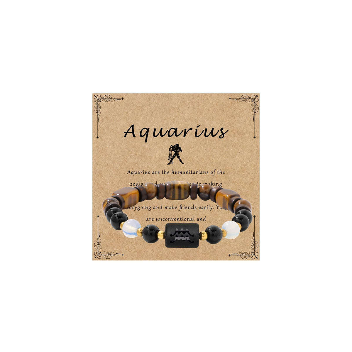 Zodiac Aquarius Black Obsidian And Opal Bracelets for Women Men-8mm Tiger Eye Beads Healing Crystals Mens Jewelry Anxiety Relief Bracelets for Valentine's Day Mother's Day Christmas Birthday Gifts