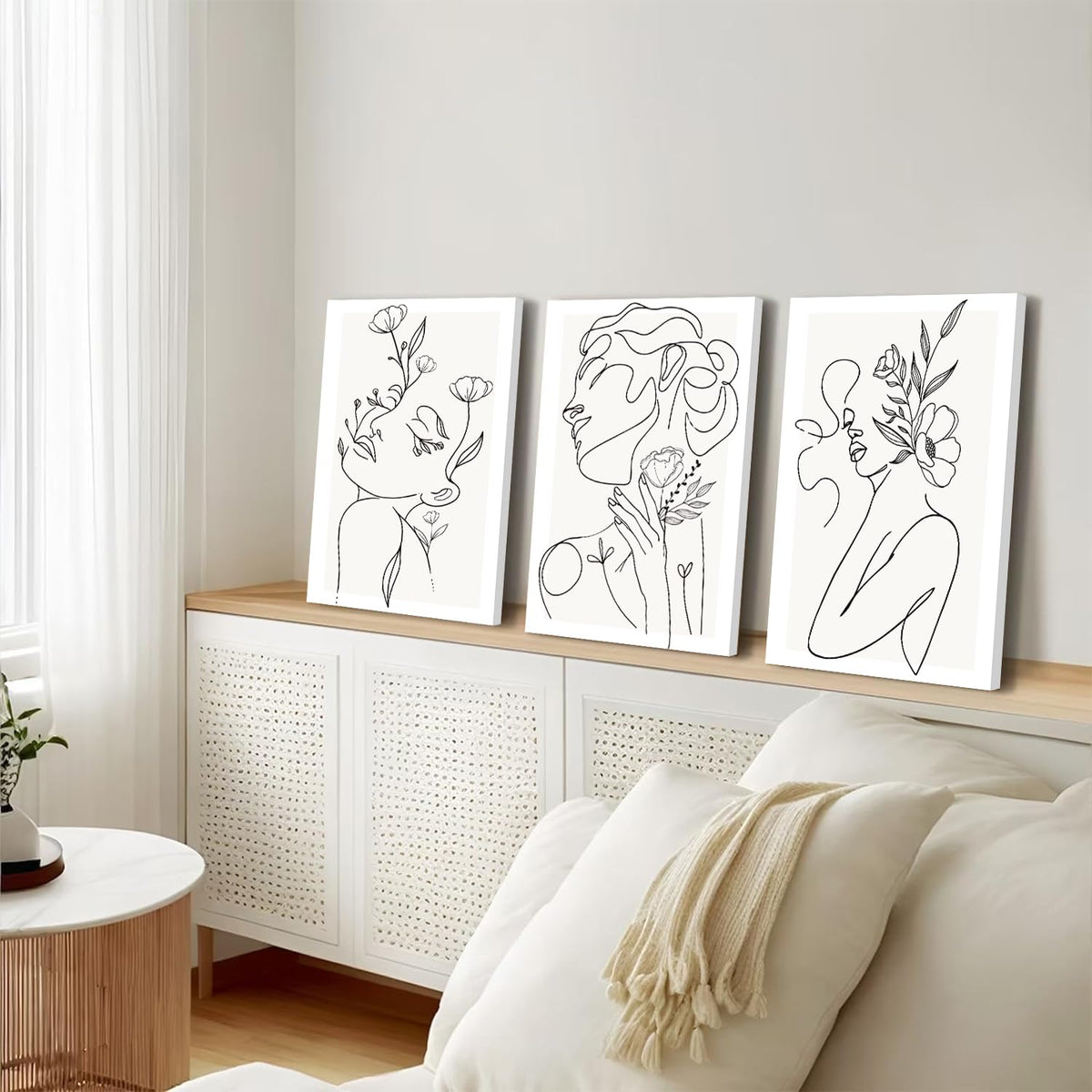 yulihaz Minimalist Woman Flower Line Wall Art Set of 3 Neutral Modern Abstract Black and White Girl Canvas Painting Poster Prints Picture Wall Decor for Bedroom Living Room Framed 12x16 inch
