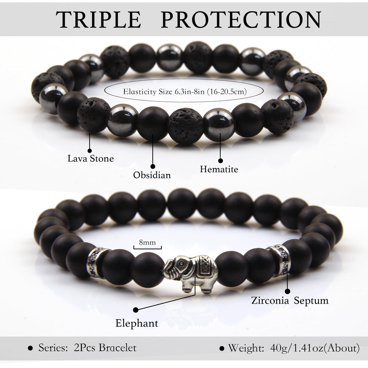 GDLKPYHS Black Obsidian Bracelets for Men - Elephant Bracelet - Tourmaline Beaded Bracelets, 8MM Black Onyx Hematite Lava Stone Beads Triple Protection Bracelet for Men Women Gifts