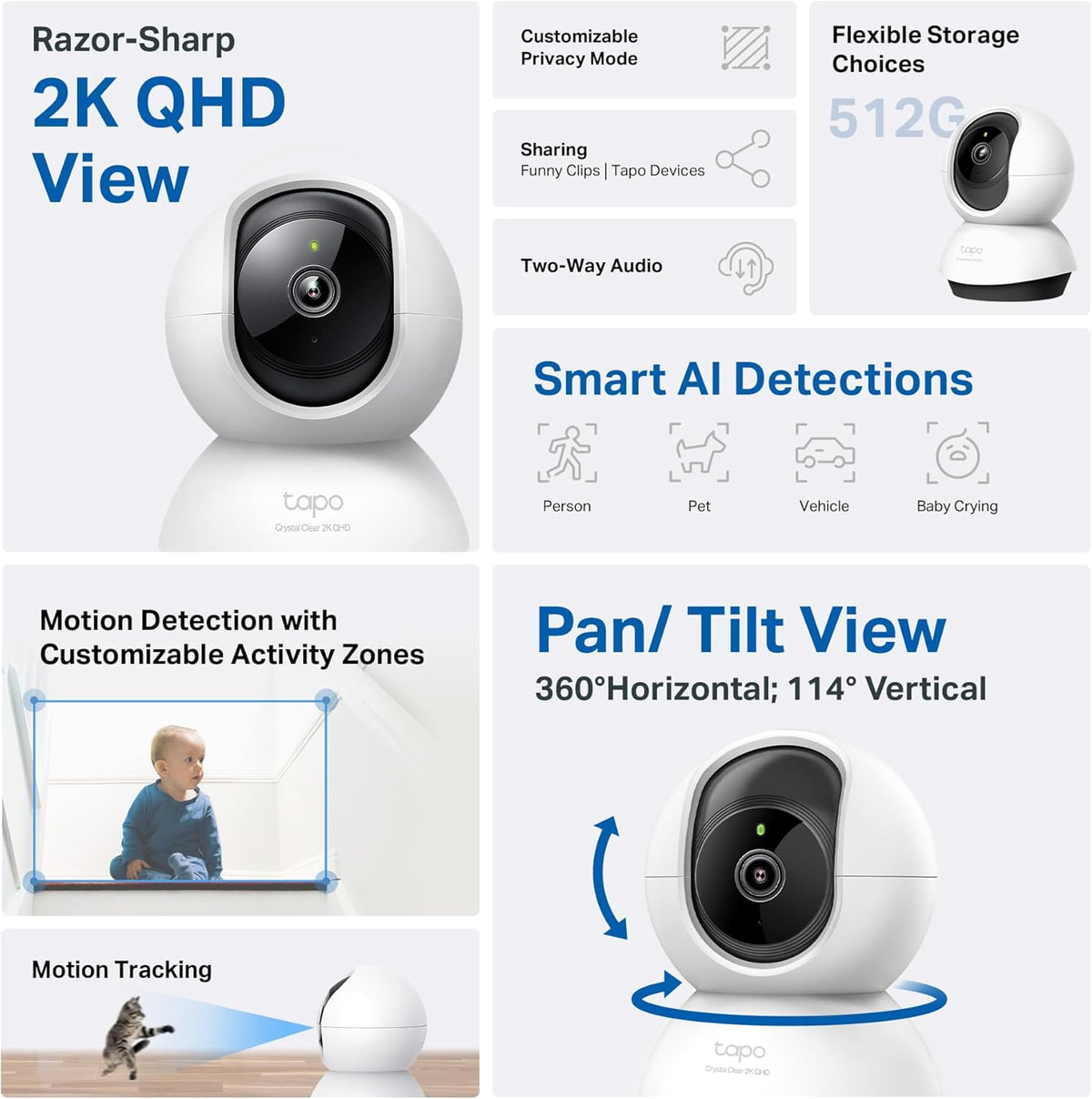 Tapo 2K 2-Way C220) TP-Link QHD Pan/Tilt Security Camera for Pet Camera, Baby Monitor, Motion Detection, Motion