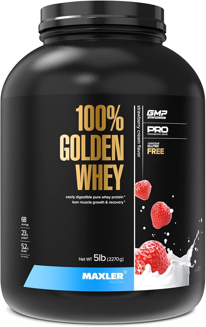 Maxler 100% Golden Whey Protein - 23g of Premium Whey Protein Powder per Serving - Pre, Post & Intra Workout - Fast-Absorbing Whey Hydrolysate, Isolate & Concentrate Blend - Strawberry Cream 5 lbs