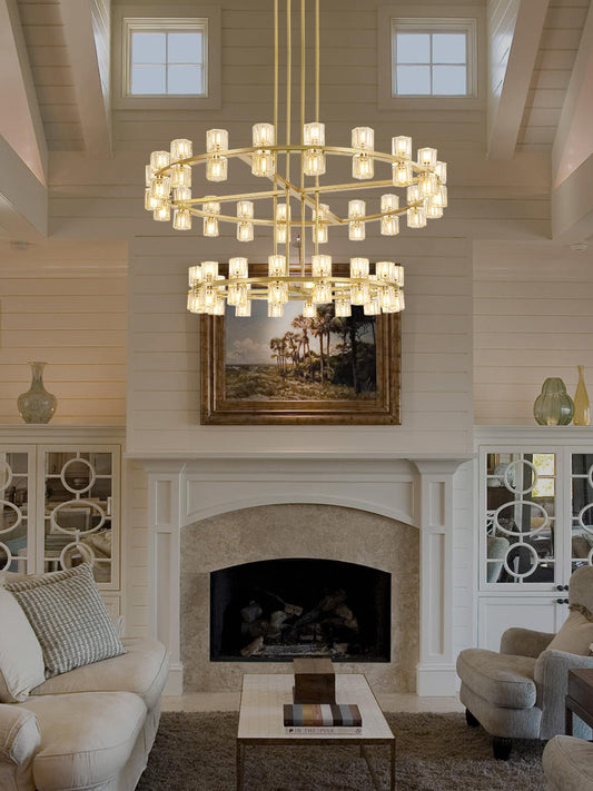 Shial Lighting 2 Tier Gold Wagon Wheel Chandelier, 108-Lights Farmhouse Pendant Light Fixture, Rustic Round Chandelier for Foyer Entryway Living Room (Dia 32"+40")
