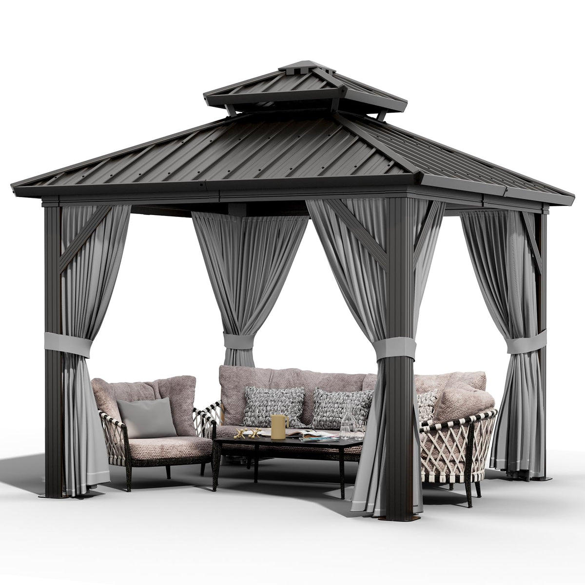 GarveeLife 10x10 ft Double Roof Hardtop Gazebo, Heavy Duty Galvanised Steel Hardtop Pavilion with Nettings and Curtains, Aluminum Gazebo for Patio, Terrace, Lawn and Deck, Grey
