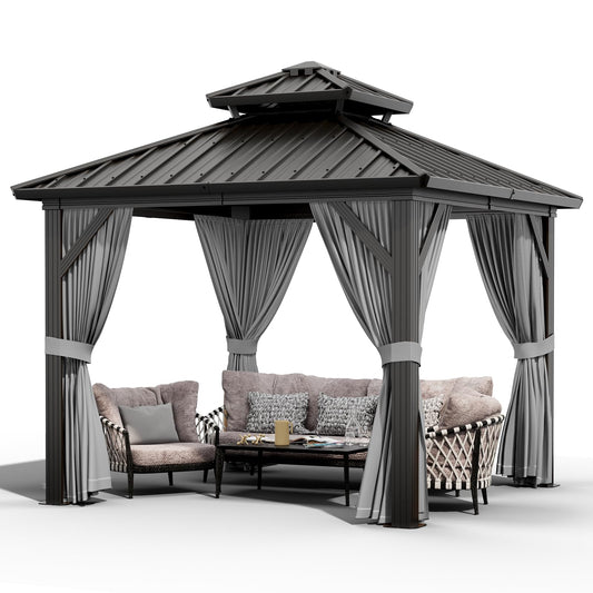 GarveeLife 10x10 ft Double Roof Hardtop Gazebo, Heavy Duty Galvanised Steel Hardtop Pavilion with Nettings and Curtains, Aluminum Gazebo for Patio, Terrace, Lawn and Deck, Grey