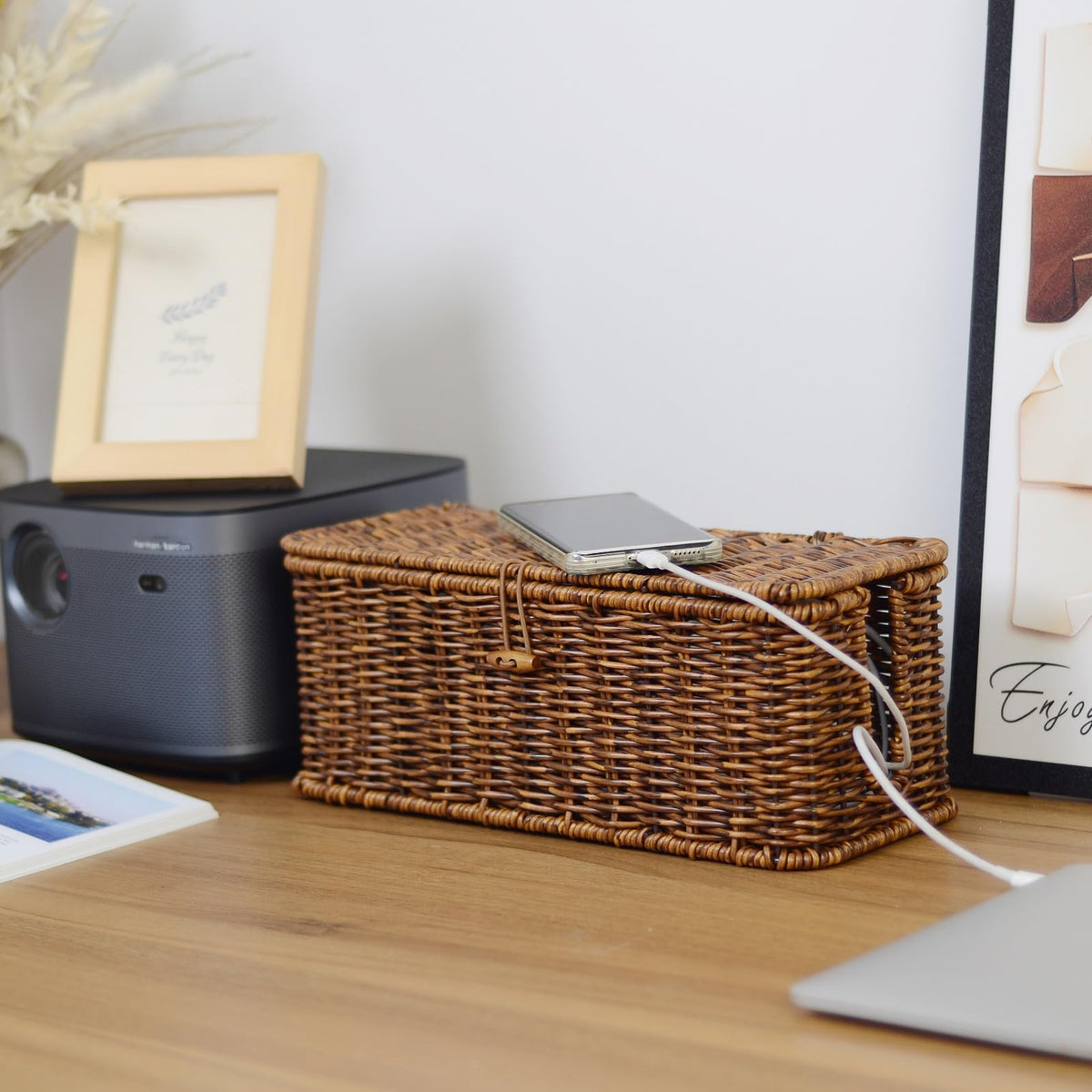 BROWNLILY Rattan Wire Storage Box, Handmade Cord Organizer for Desk Cord Hider Outlet Covers Baby Proofing for Power Strip TV PC Router Charger Under Desk Cable Management Box