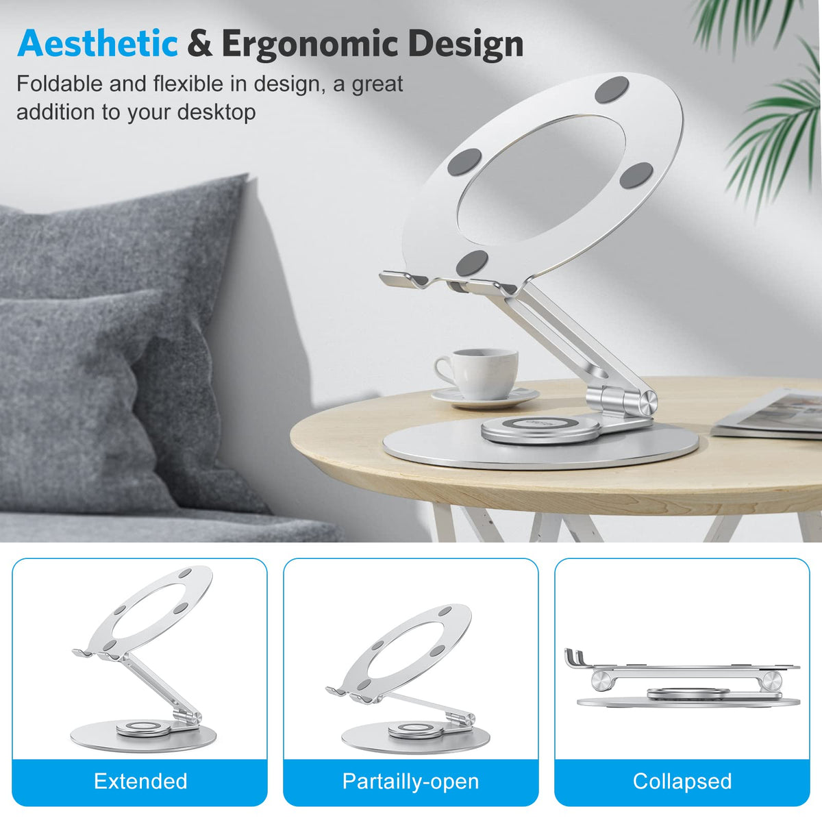 OMOTON Adjustable Laptop Stand with 360 Rotating Base, Ergonomic Laptop Riser for Collaborative Work, Dual Rotary Shaft Fully Foldable for Easy Storage, Fits All Laptops up to 16 inches, Silver