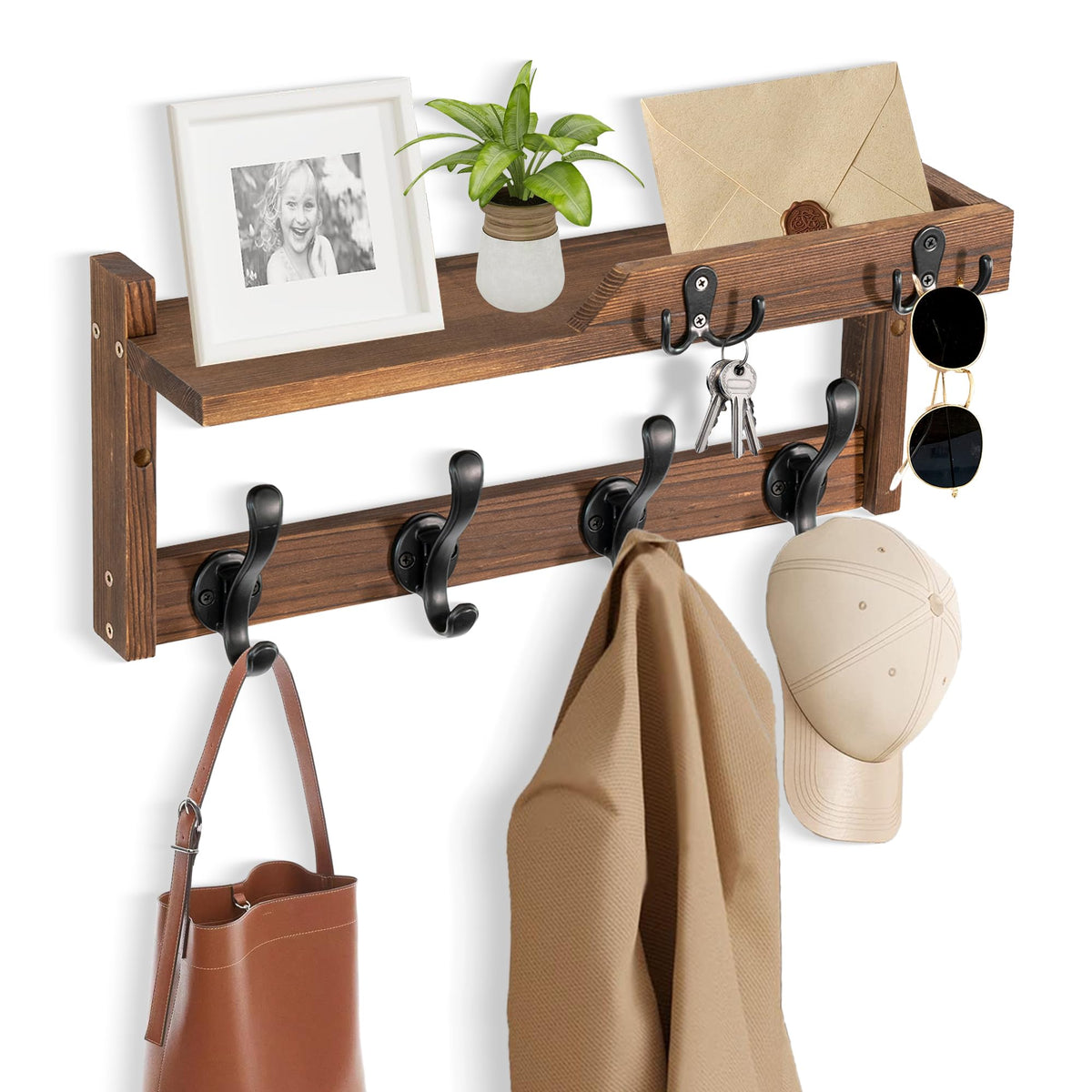 dreampossible Coat Rack Wall Mount with Shelf, Coat Hanger Wall Mount with Key Hooks and Mail Holder, Wood Entryway Floating Shelf with Hooks and Storage, Hat Rack for Wall Key Holder Mail Organizer