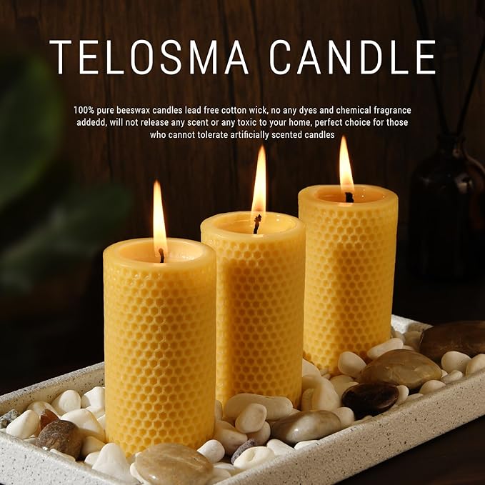 Natural Beeswax Pillar Candles 4 Packs - Honeycomb Surface - 100% Pure Beeswax Candles No Scent- for Emergency/Prayer/Relax (2inch Diameter, 4 inch Tall - Yellow)