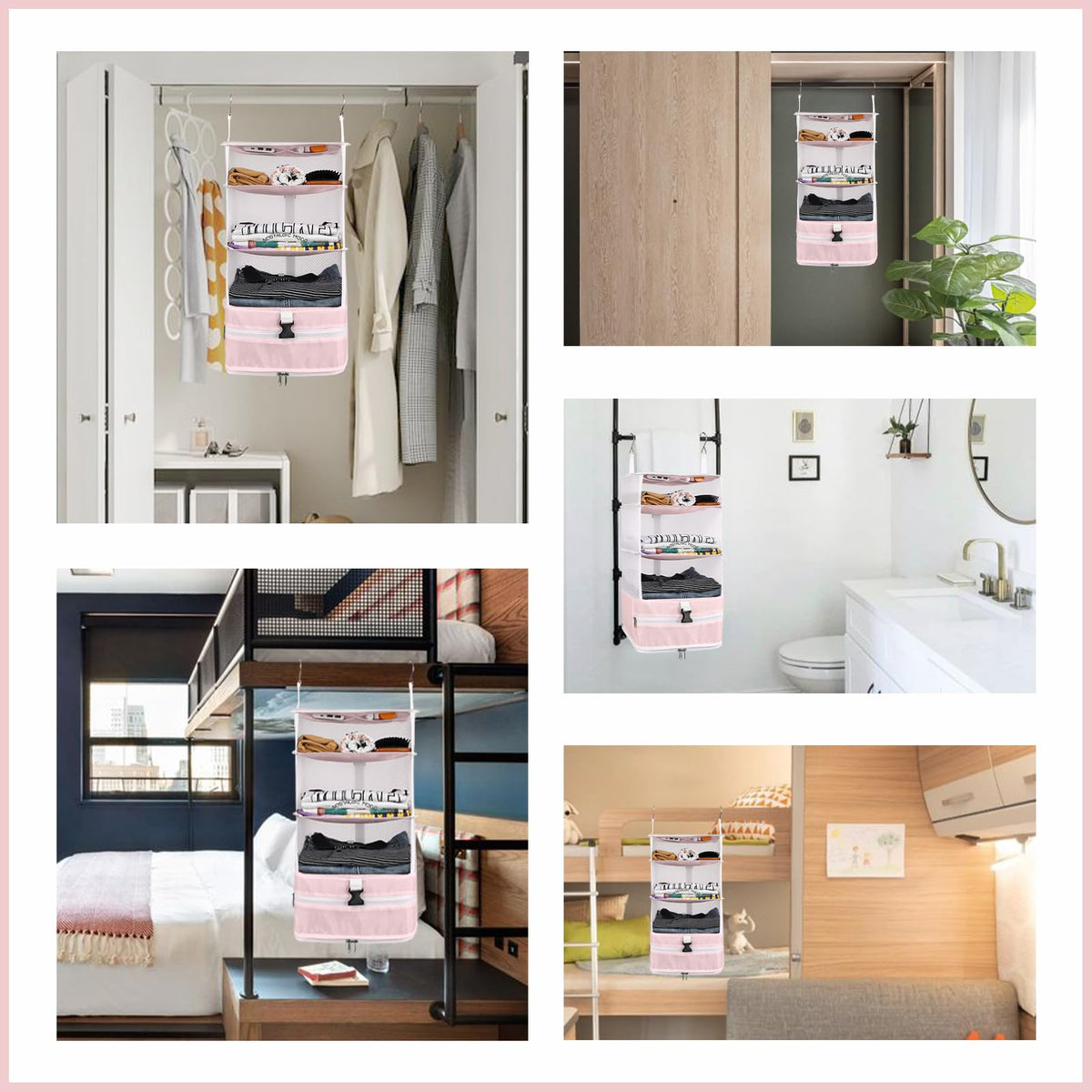 Surblue Hanging Closet Storage Bag Collapsible 3-Shelf Washable Oxford Fabric with 2 Hooks (L 11.41 * 11.41 * 19.68in, Pink)