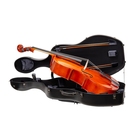 Crossrock Poly Carbon Cello Case for 4/4 Full Size | Black Scratch-Resistant Shell, Black Velvet Interior, Wheels, Music Pouch – Lightweight Protection Series
