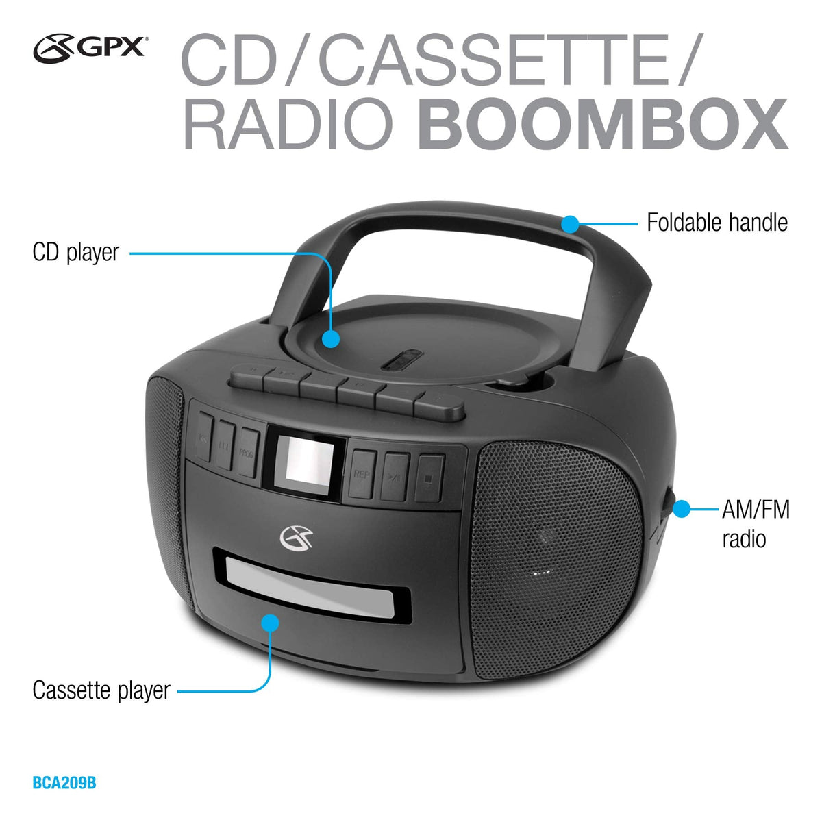 GPX BCA209B Portable Am/FM Boombox with CD and Cassette Player, Black