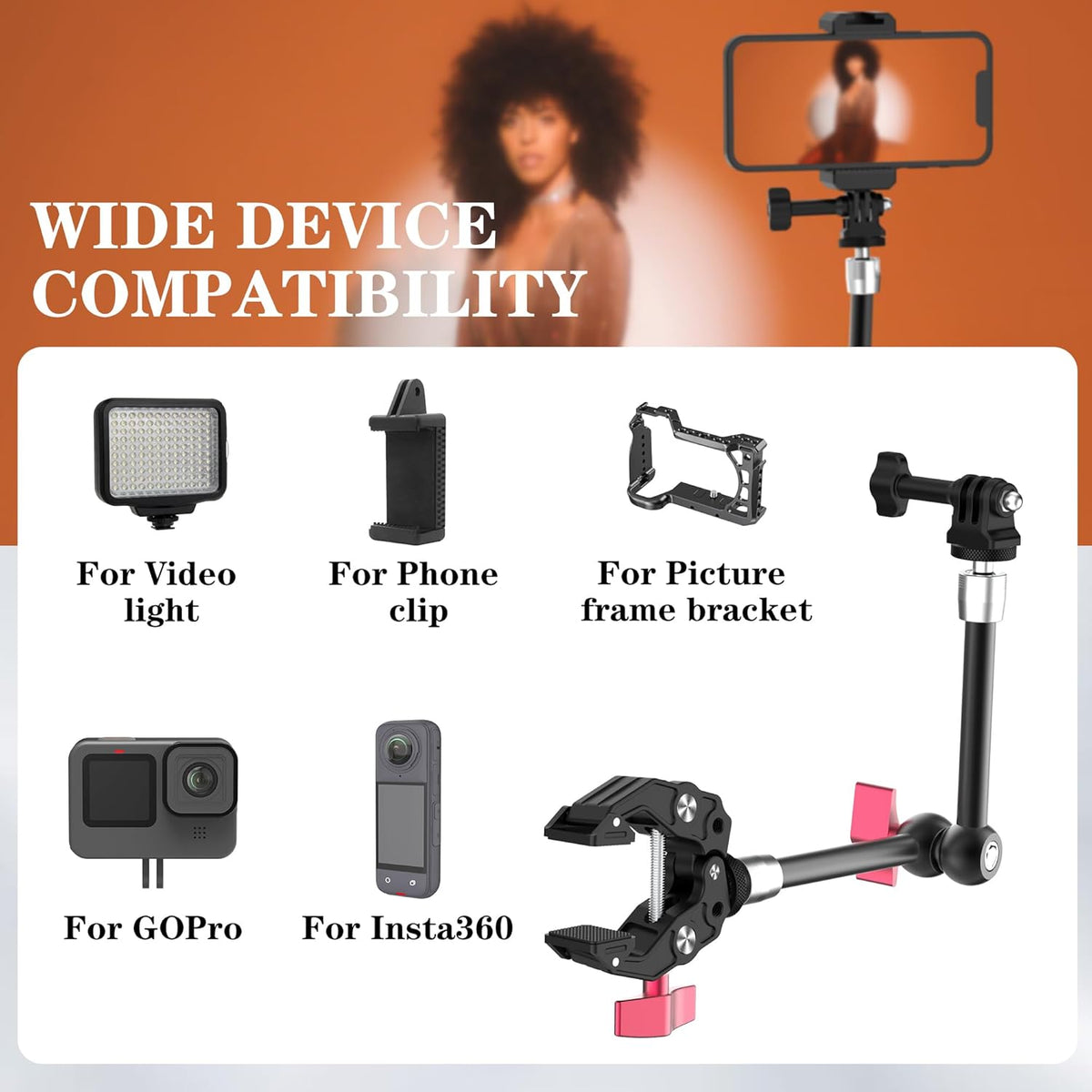 Taisioner 9.8" 1/4" 3/8" 360 1.5kg Magic Arm Clamp Kit with Screw Ball Heads Articulating Arm with Super Clamp Camera