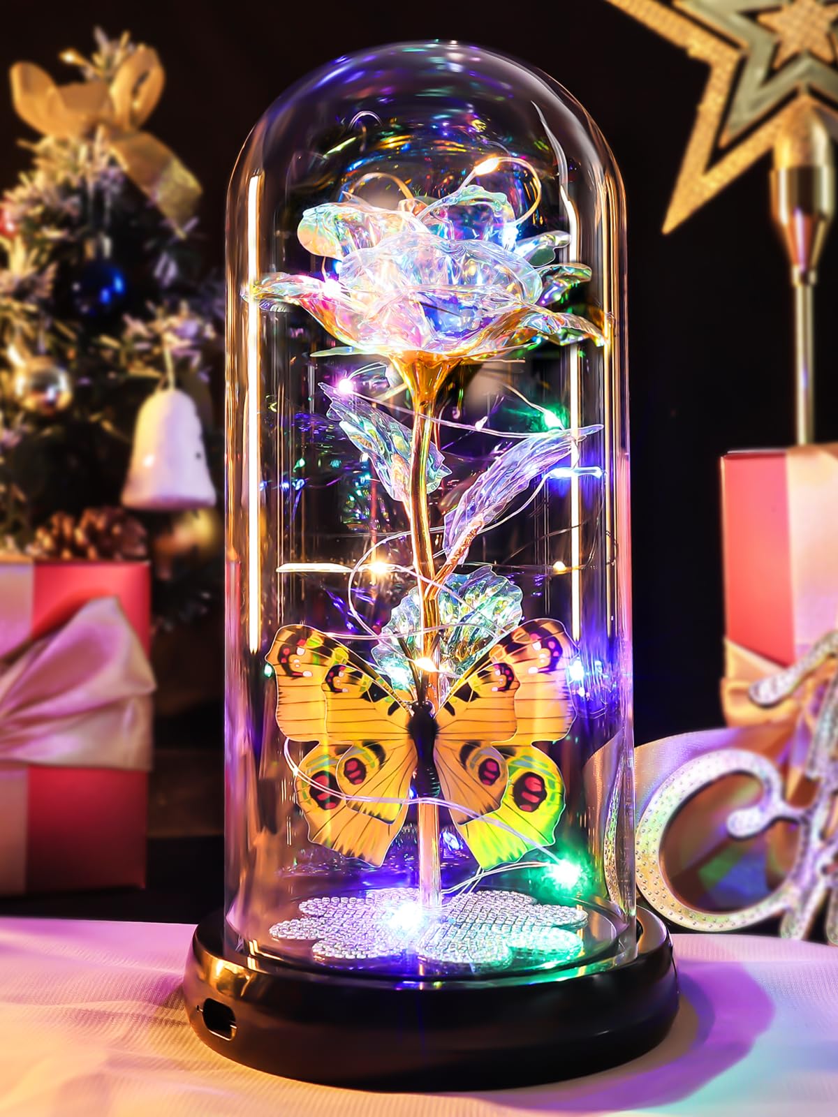 Mothers Day Rose Gifts for Mom Birthday Gift for Women, Rechargeable Galaxy Glass Rose in Glass Dome Colorful Crystal Flower Butterfly Mother's Day Flowers Gifts for Women Mom Wife Grandma Daughter