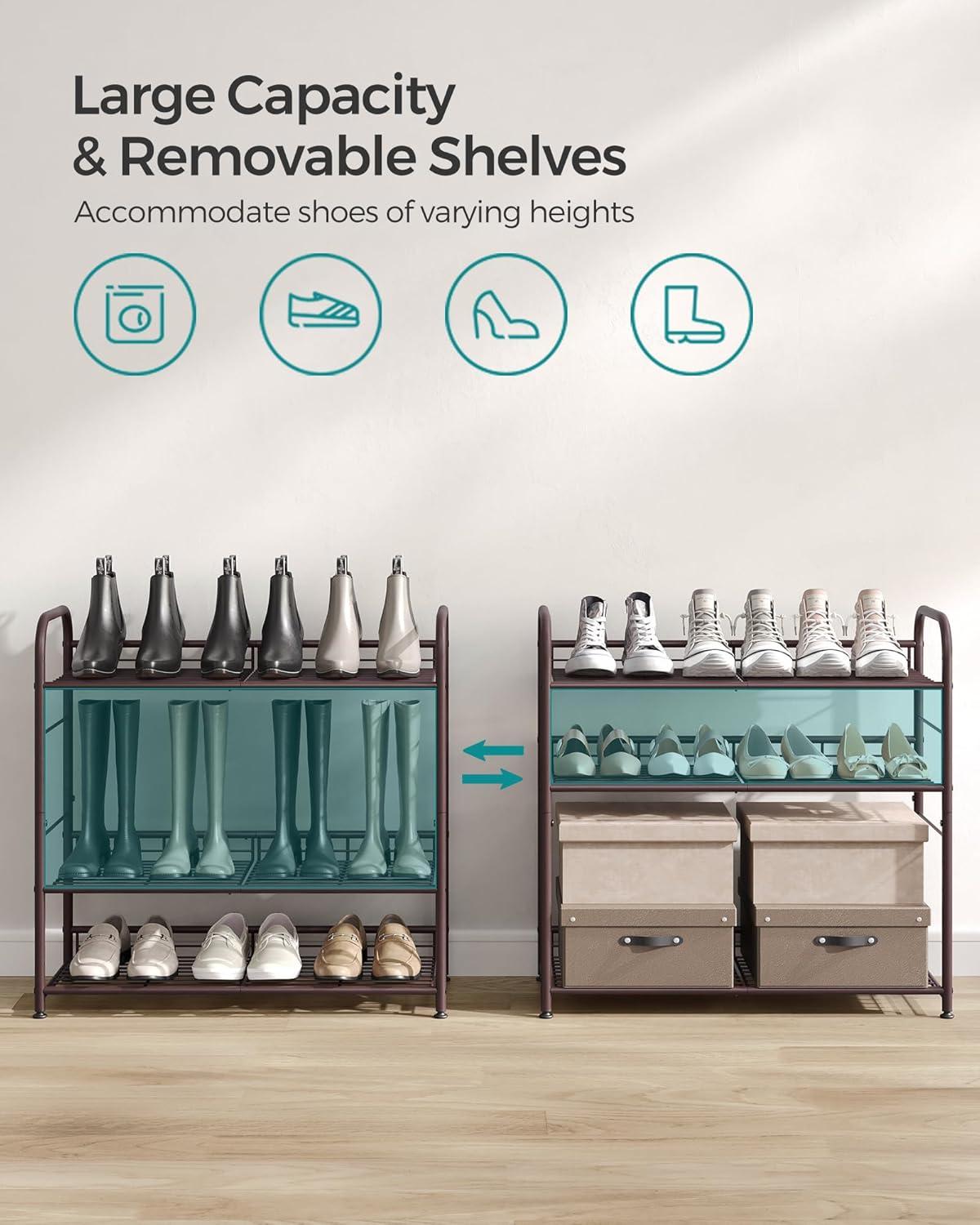 SONGMICS 4-Tier Stackable Shoe Rack - Adjustable Metal Storage Shelf for 16 Pairs | Bronze Finish