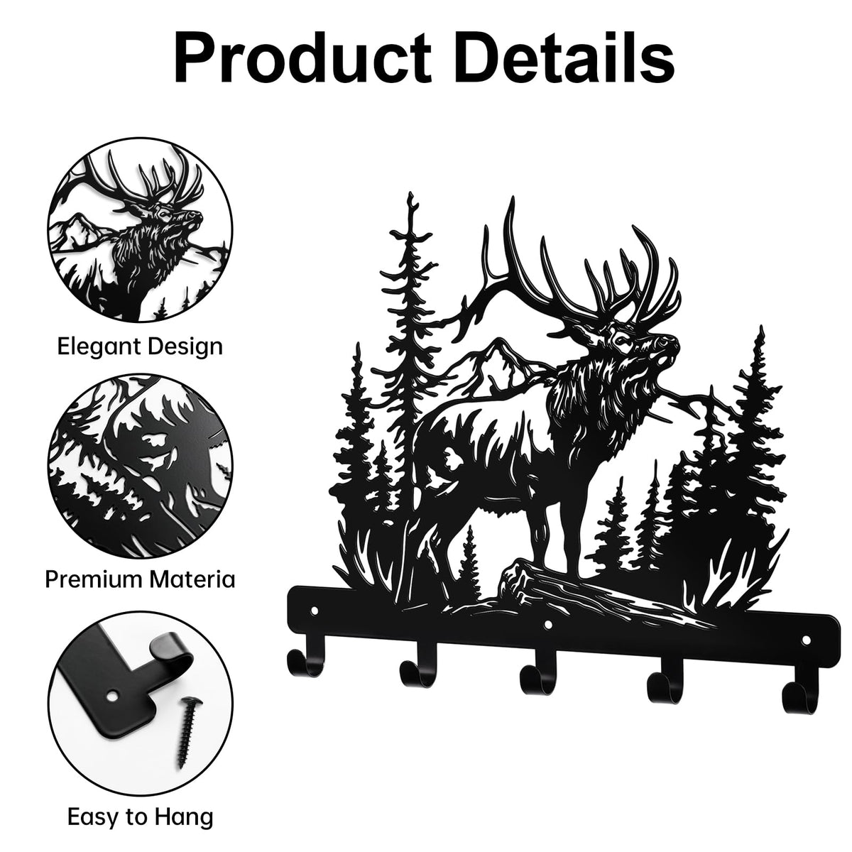 Hnatzu Deer Head Key Hanger Wall Mount-Rustic Metal Wall Hook with Mountain Forest Scene, Functional Deer Wall Decor for Entryway, Cabin, Hunting Lodge