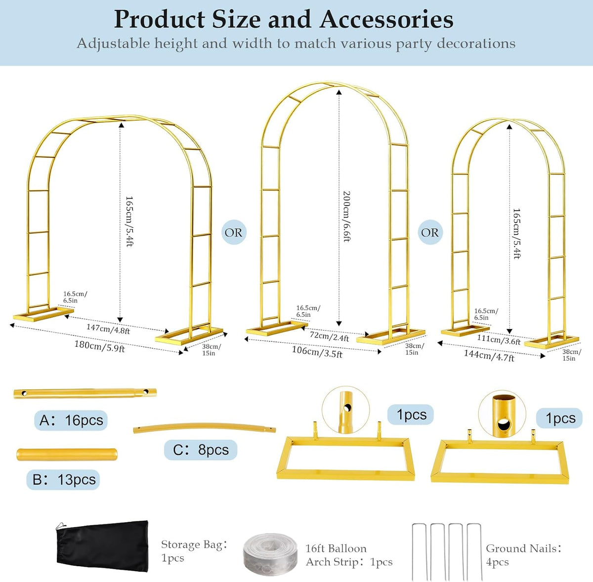 Stand,6.6FTx3.5FT 3 Arch Backdrop Metal Pergola Arbors,Gold Garden Wide Arbors and Arches Trellis for Climbing Plants