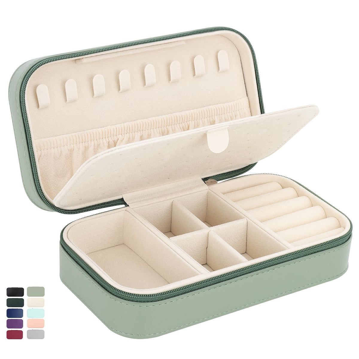 DesignSter Travel Jewelry Box, PU Leather Portable Jewelry Case, Small Jewelry Boxes for Gifts, Travel Jewelry Organizer for Women Rings Earrings Necklaces Bracelets (Avocado Green)