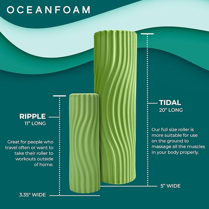 Oceanfoam Tidal Roller - Algae Green - Muscle Massage Foam Roller for Back Pain & Stretching - Firm and Ergonomic Wide Wave Textured - Yoga, Athletics, & Wellness - Full Size, 20" x 5"