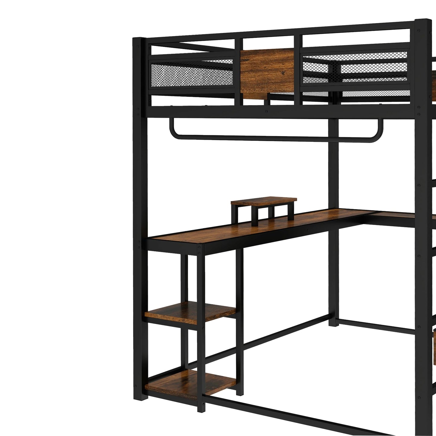 Bellemave Queen Loft Bed with Desk and Fabric Drawer, Metal Queen Size Loft Bed Frame with guardrail and Ladder for Adults, Kids, Teens, Black