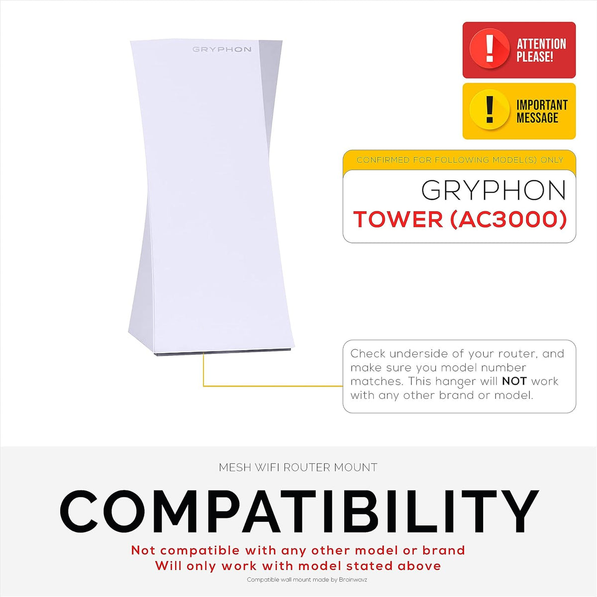 BRAINWAVZ AC3000 Wall Mount for Gryphon Tower Mesh WiFi Router, Easy to Install Holder Bracket, Reduce Interference