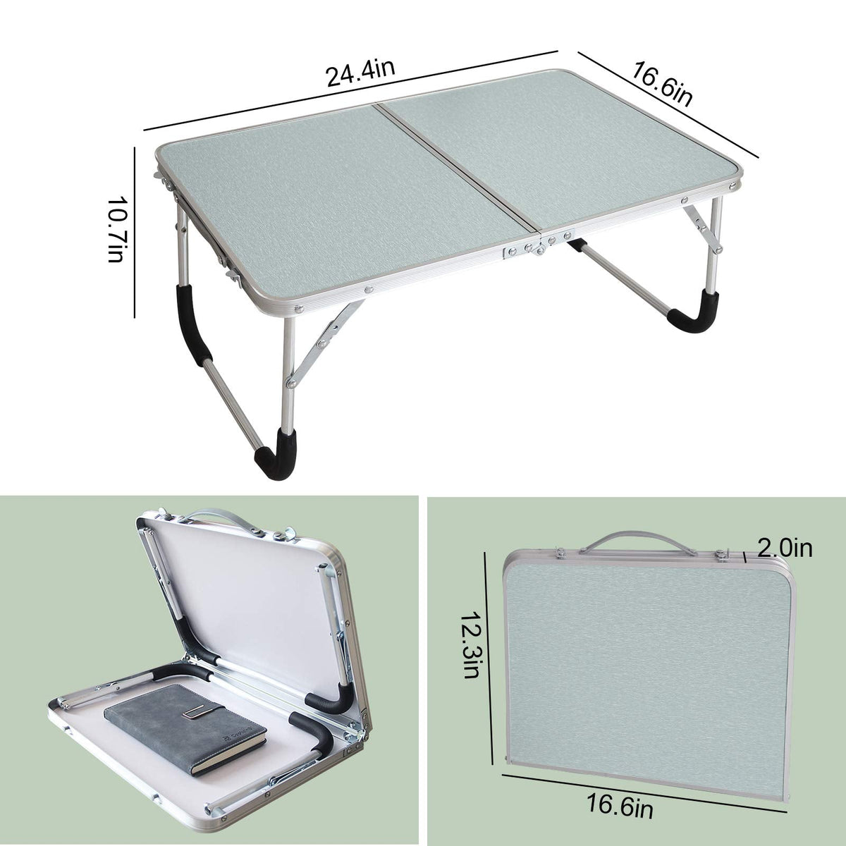 Jucaifu Foldable Laptop Table, Bed Desk, Breakfast Serving Bed Tray, Portable Mini Picnic Table & Ultra Lightweight, Folds in Half with Inner Storage Space (Silvery)