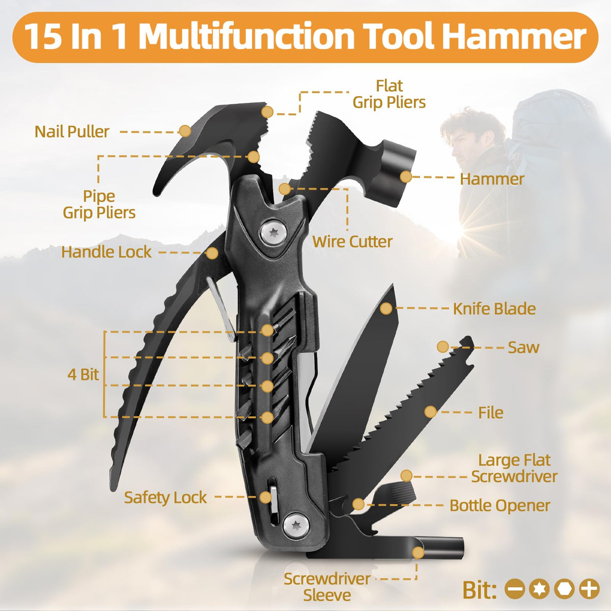 Gifts for Him, Hammer Multitool 15 in 1, Gifts for Men Boyfriend, Anniversary Birthday Fathers Valentines Gifts for Adults Dad Husband Grandpa, Outdoor Camping Accessories Survival Gear Cool Gadgets