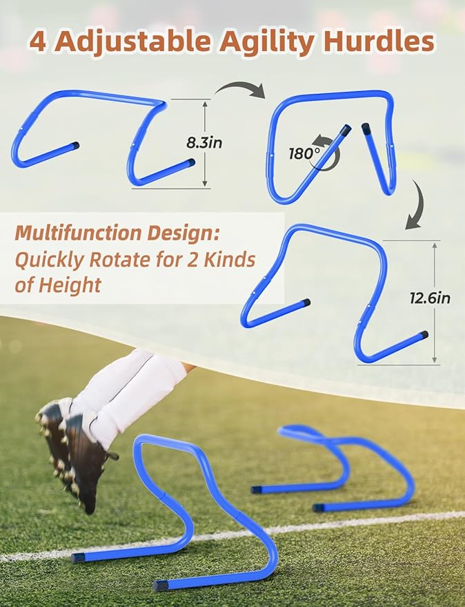 GHB Agility Ladder,Football Training Equipment Set,4 Agility Hurdles, 20 feet12 Rungs Speed Ladder,12 Disc Cones,Resistance Parachute, Jump Rope, 5 Resistance Bands