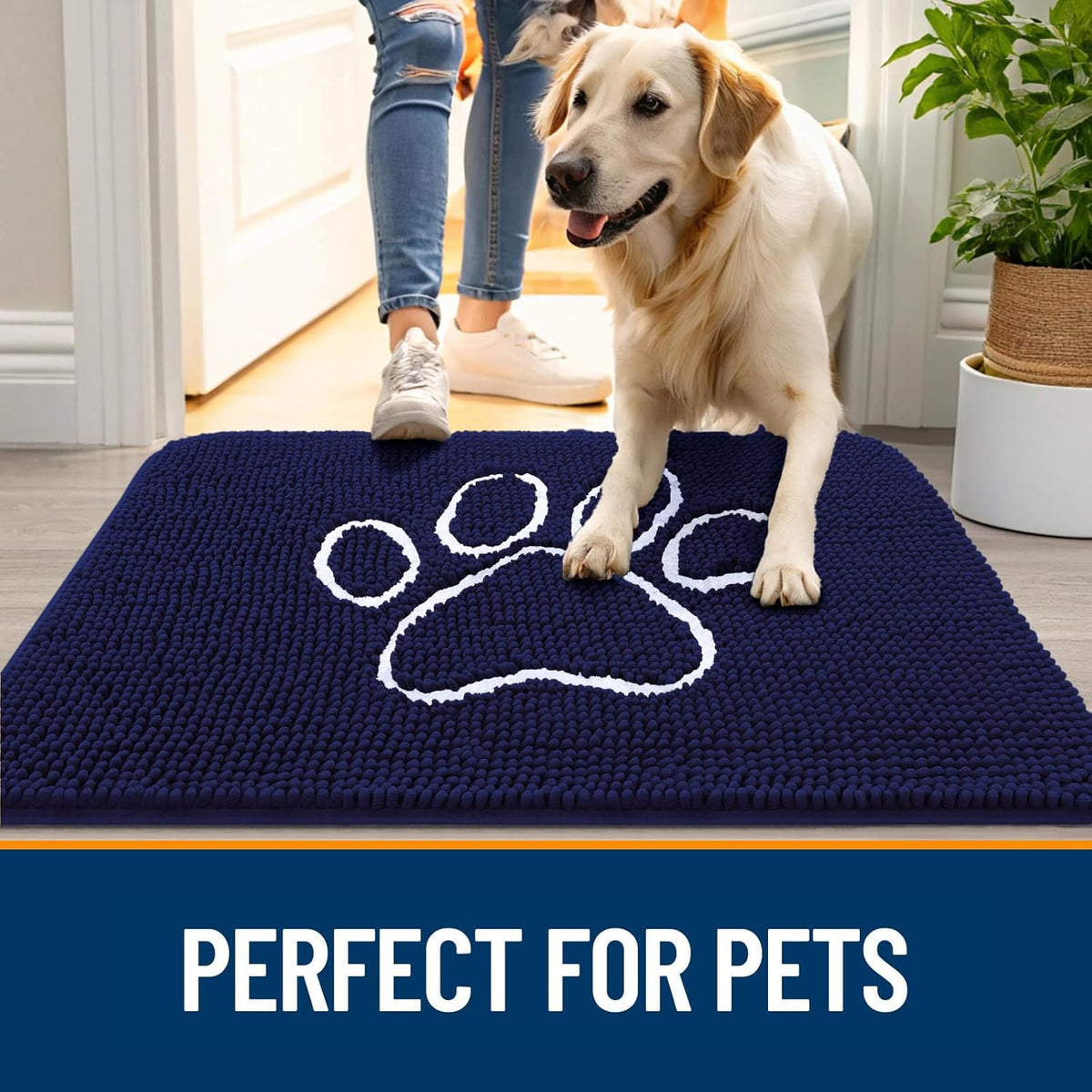 OLANLY Dog Door Mat - Absorbent Non-Slip Mud Mat for Muddy Paws | 40x32 Paw Print Design in Navy Blue