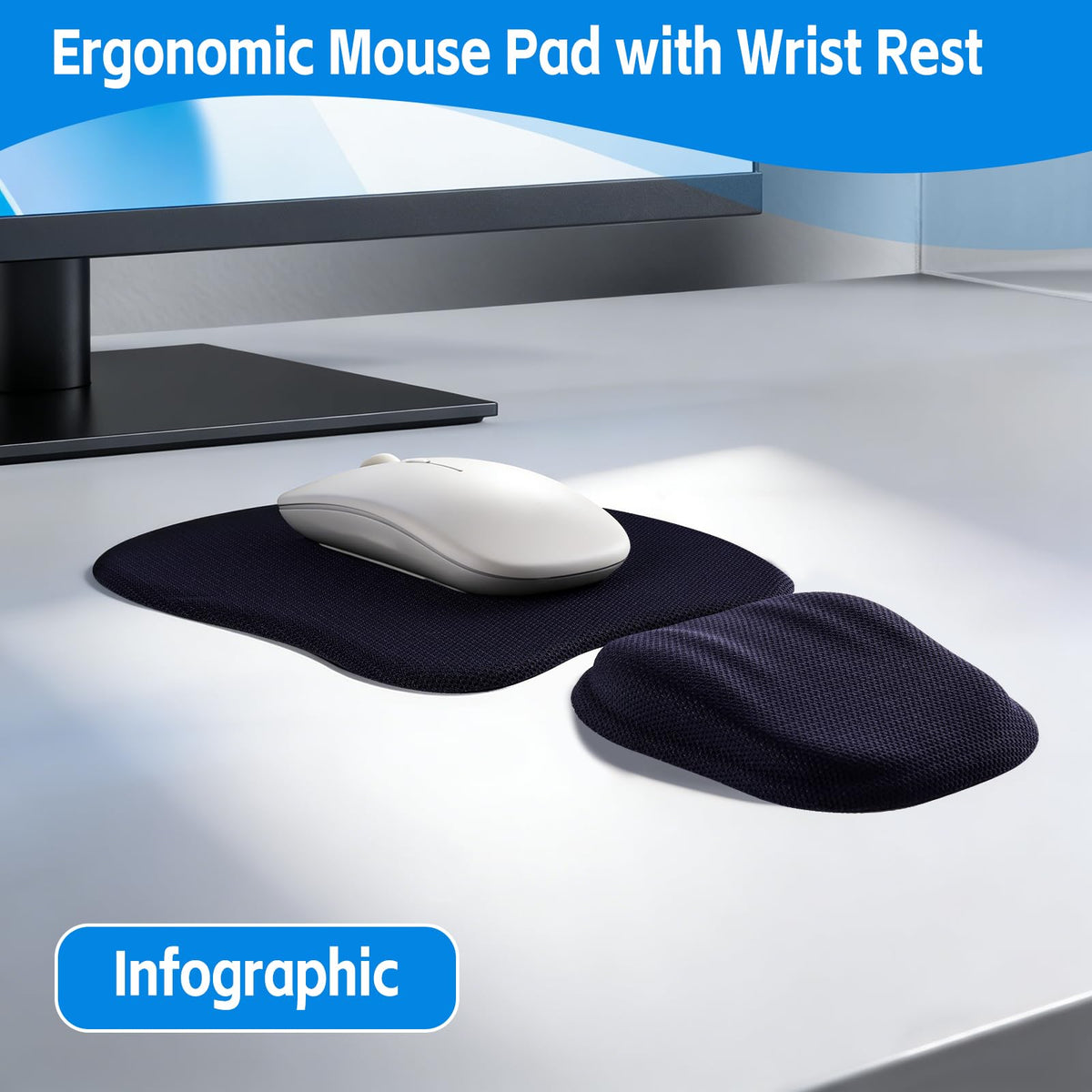 Ergonomic Mouse Pad with Wrist Support, Memory Foam Wrist Rest & Mouse Pad Set, Relieves Wrist Pressure for Comfortable Office & Gaming Use (Ink Blue)