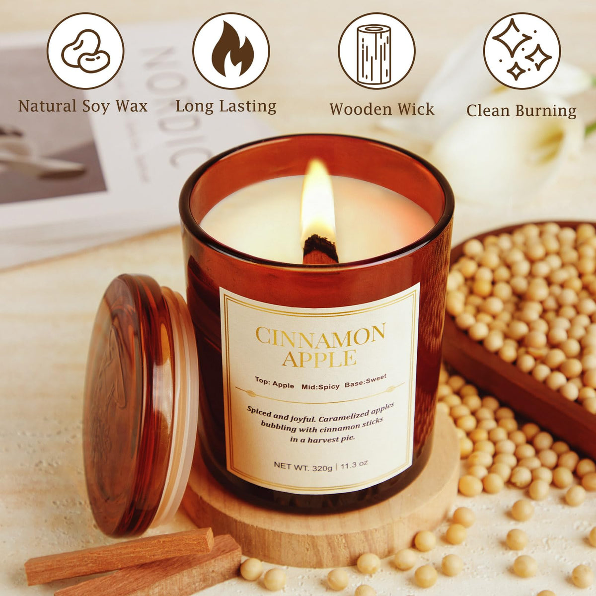 Scented Candles for Home,2 Pack Wood Wick Cinnamon Apple Scented Candles,Long Lasting Natural Soy Wax Candles with Gift Boxes,Cozy Aromatherapy Candle for Home Decor
