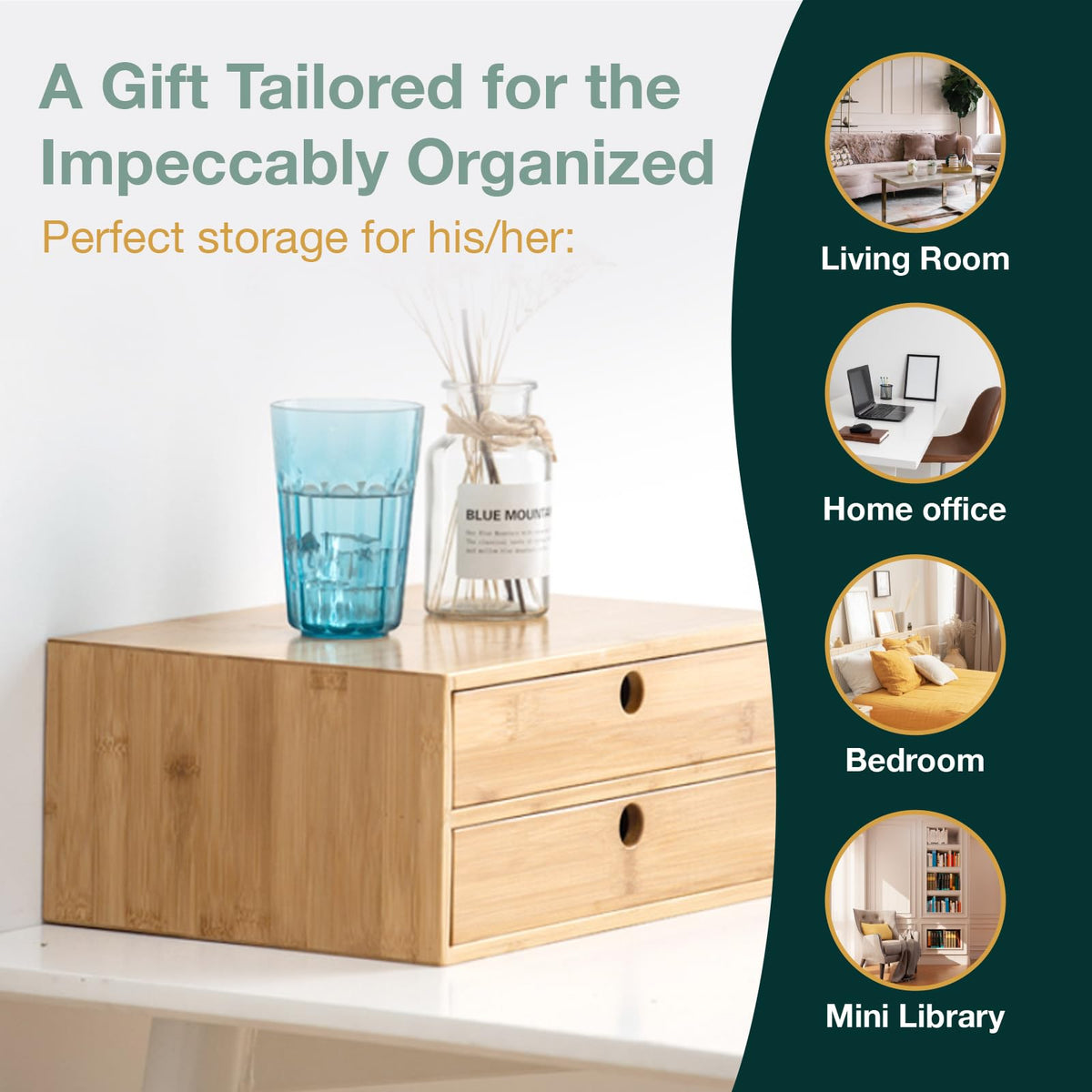 Modular Stackable Set of 3 Bamboo Organizer Desktop Drawers - 1, 2, 3 = 6 Drawers Total Storage Organizer for Desk Accessories, Office Supplies, Makeup Storage - Tabletop Wood Box Stackable Drawers